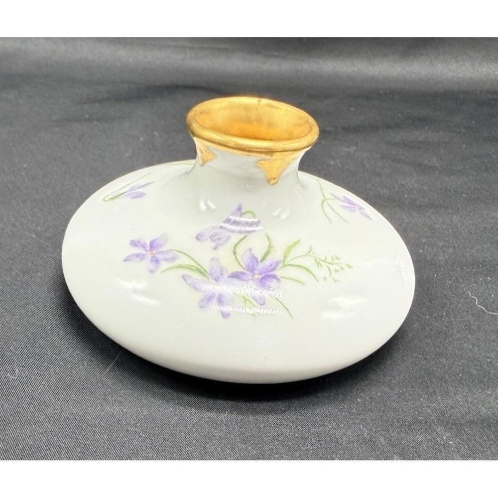 Vintage LDA Limoges France Porcelain Bud Vase Purple Violets Gold Gilt Trim